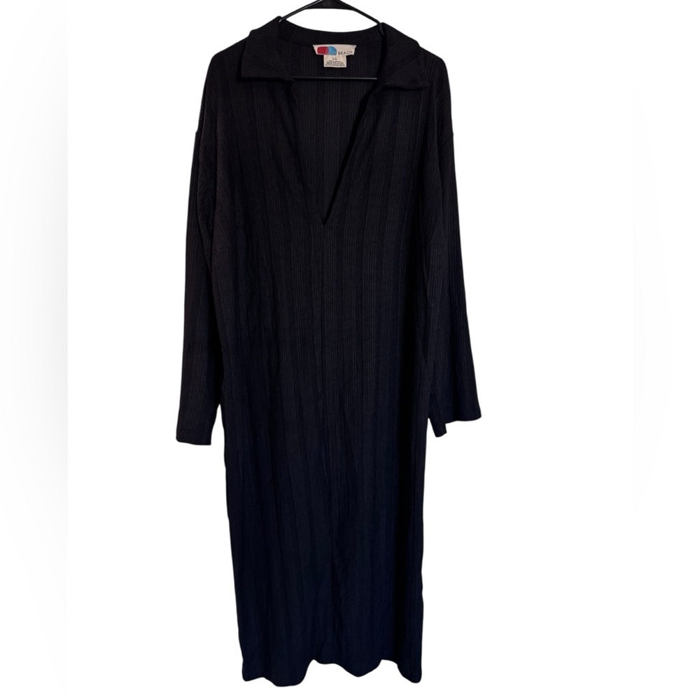 Free People Beach Ribbed Long Sleeve Black Maxi Dress Coverup Size Large